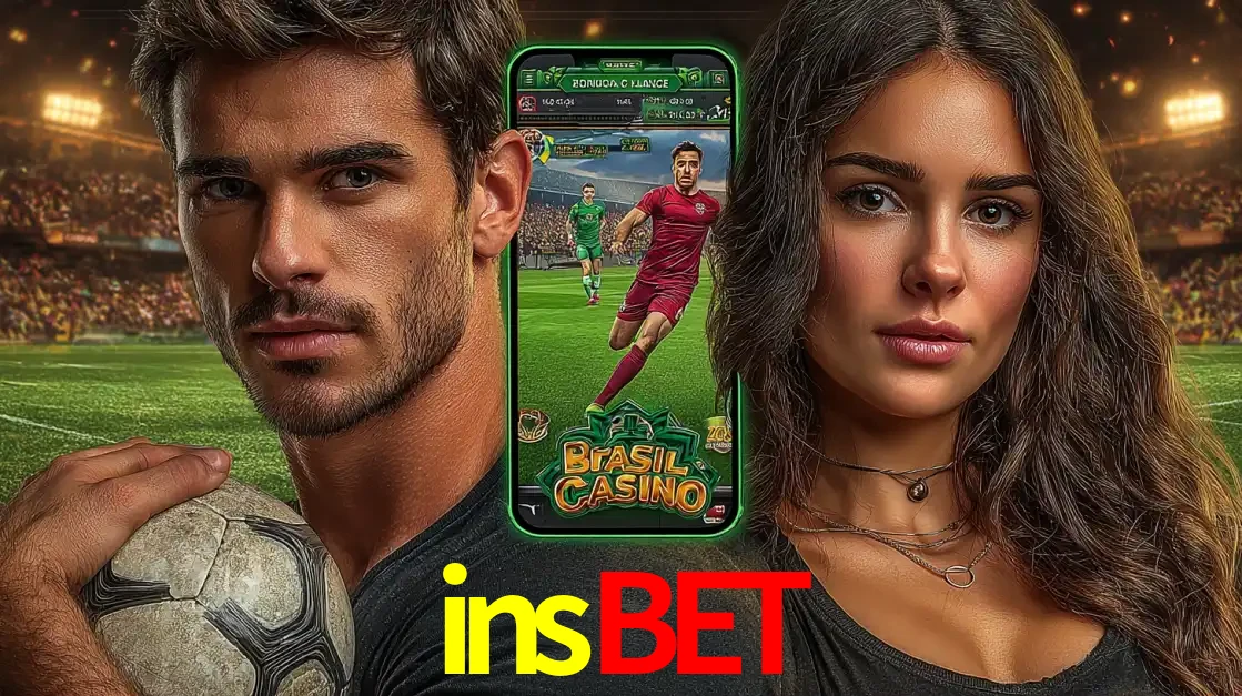 Homem segurando uma bola de futebol e uma mulher ao lado de um smartphone exibindo o jogo de apostas esportivas da insbet. Faça seu palpite no cassino online.